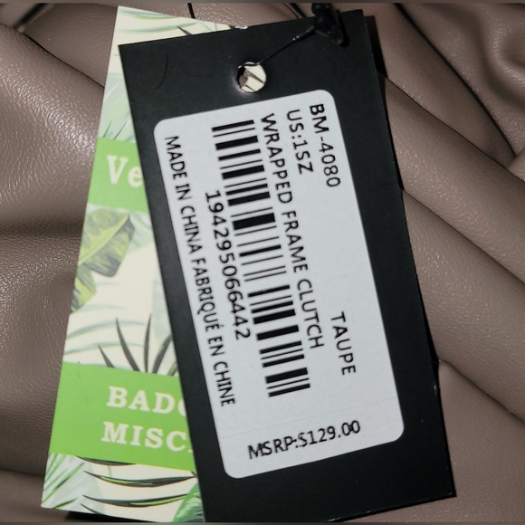 NWT Badgley Mischka Vegan Leather Frame Clutch Taupe BM Logo Convertible Strap - Picture 9 of 10
